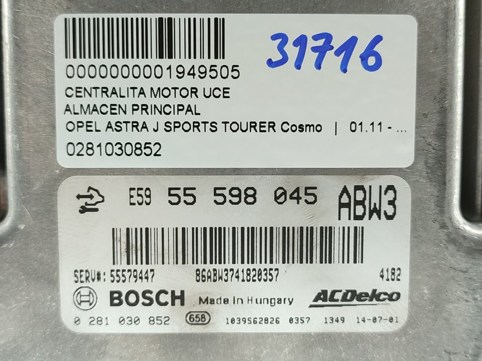 OPEL Astra J (2009-2020) Engine Control Unit ECU 0281030852 23774024