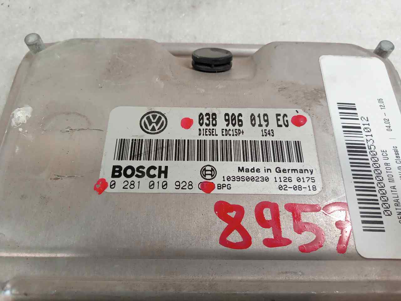 Centralina do motor AWX 038906019EG de Skoda Superb i (3u4) 2007-2008 - pieza usada