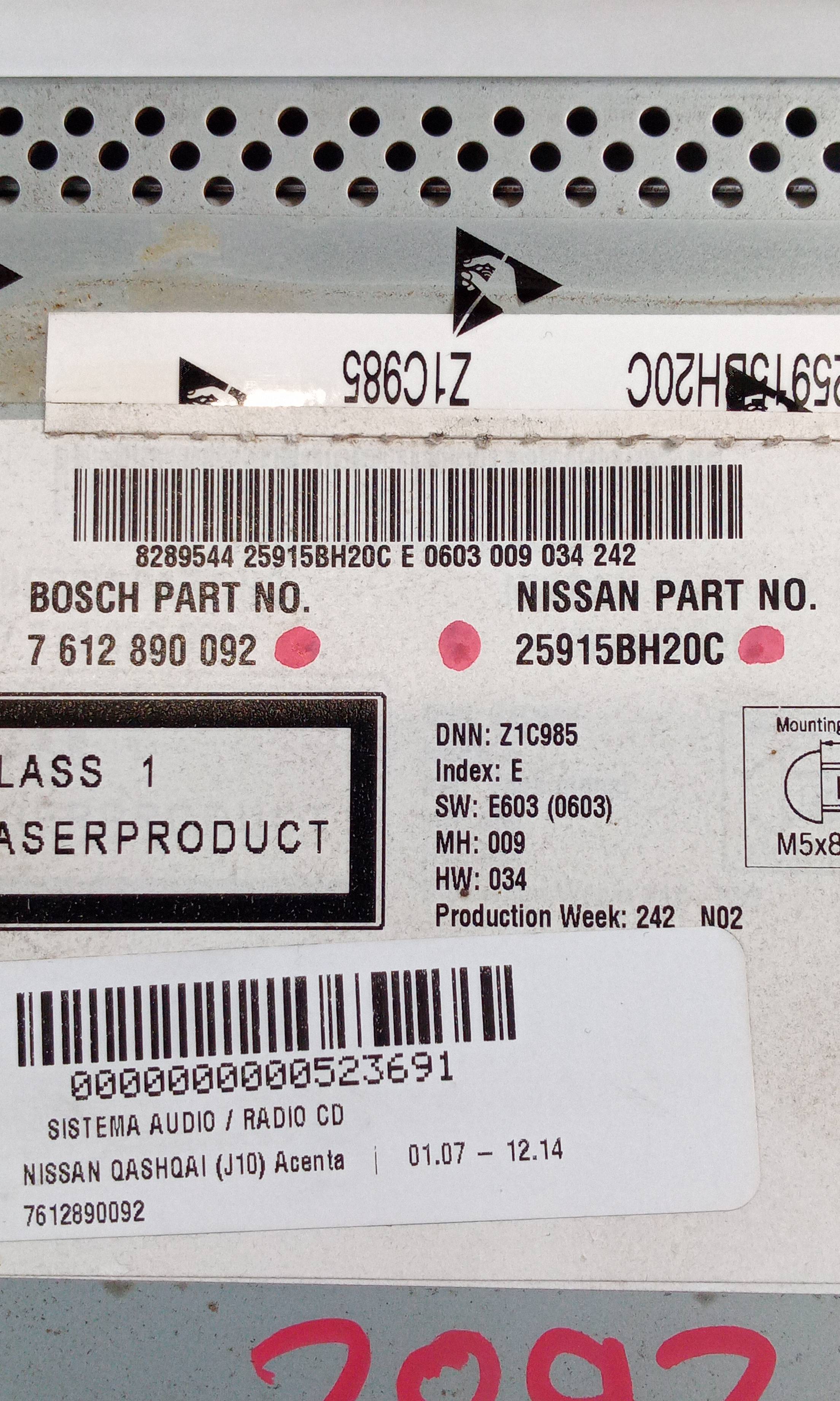 Audio system / cd radio 7612890092 de Nissan Qashqai / qashqai +2 i (j10, nj10, jj10e) 2007-2013 150 CV con 152381 km - pieza usada