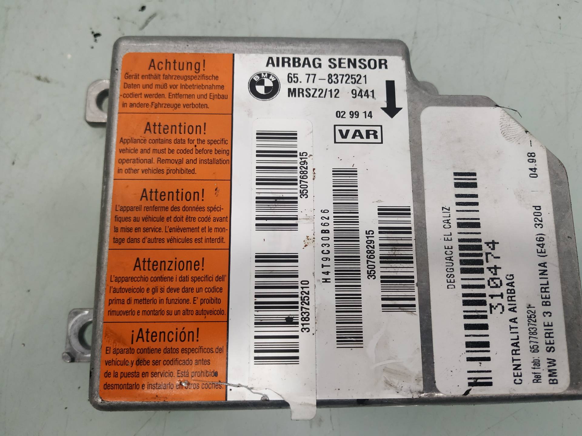 BMW 3 Series E46 (1997-2006) Unitate de control SRS 65778372521 18989225