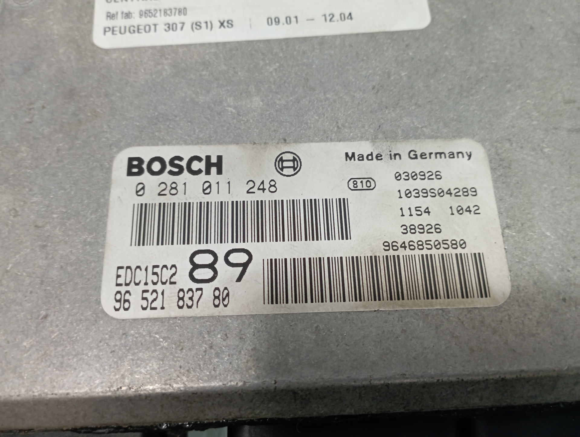 PEUGEOT 307 1 generation (2001-2008) Calculateur d'unité de commande du moteur 9652183780 19115498