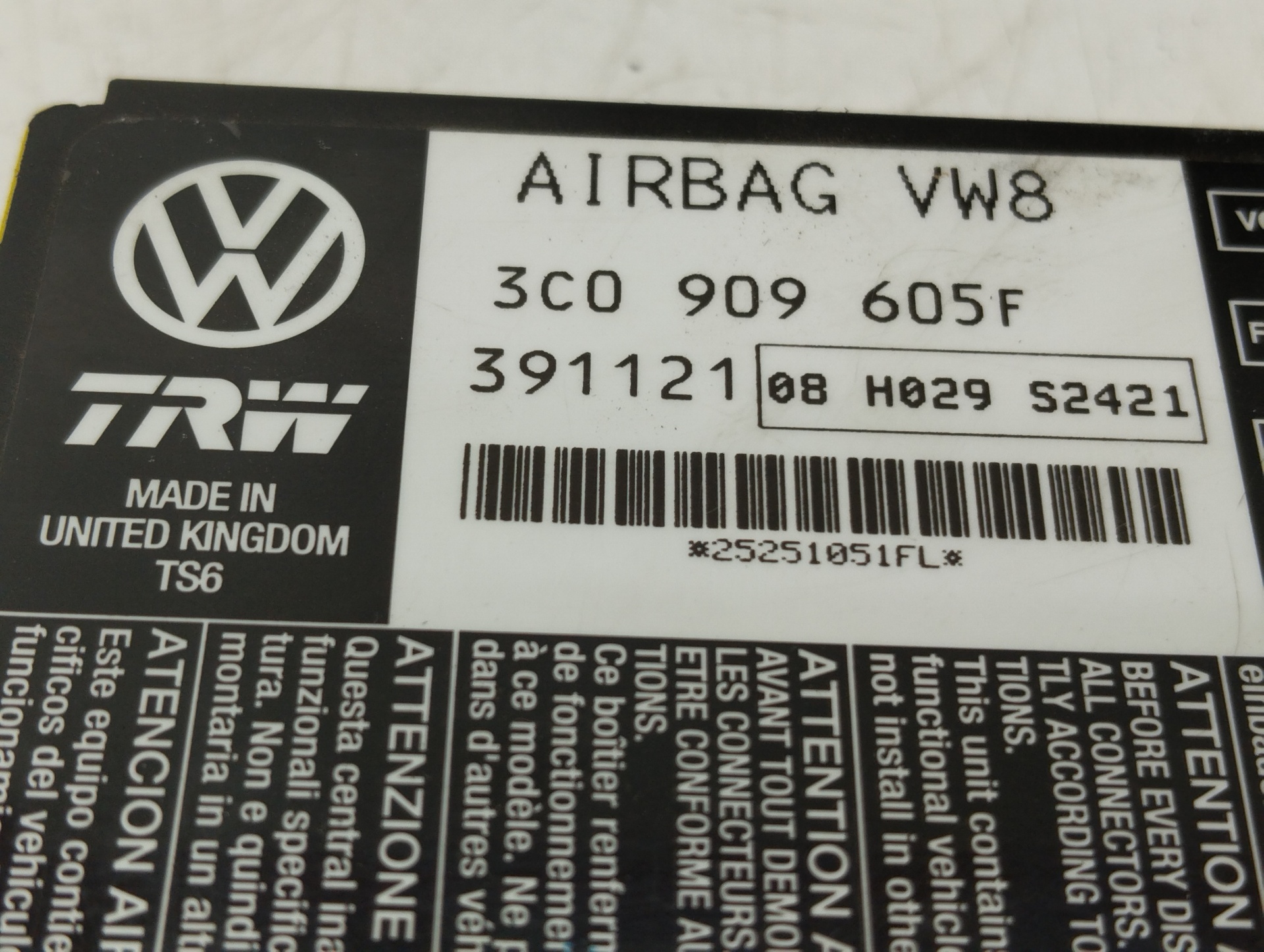 VOLKSWAGEN Passat B6 (2005-2010) Oro pagalvių (SRS) valdymo blokas (kompiuteris) 3C0909605F 25895925